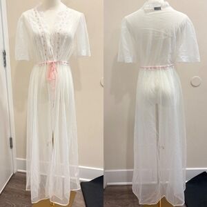 VTG 70s Gilead Sheer White Nylon Robe Lace Rosette Pink Ribbon Coquette Bridal S